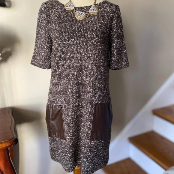 Tibi Wool Brown Tweed Wool & Leather Shift Dress - Picture 5 of 8